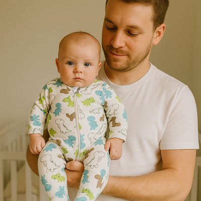 Bébé en Pyjama bébé ultra-doux Coton Bio blanc à motifs dinosaures bleus et verts est ténu par homme portant t-shirt blanc