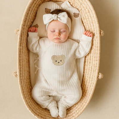 Bébé endormi avec bandeau à nœud allongé dans couffin en osier et portant Pyjama bébé Biodou crème côtelé muni écusson ours