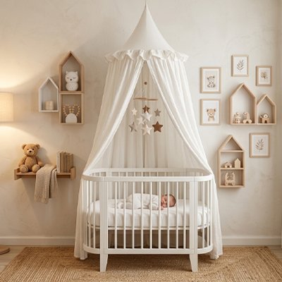 Bébé endormi dans son berceau blanc décoré et recouvert sur la longueur par un ciel de lit atmosphère féerique blanc