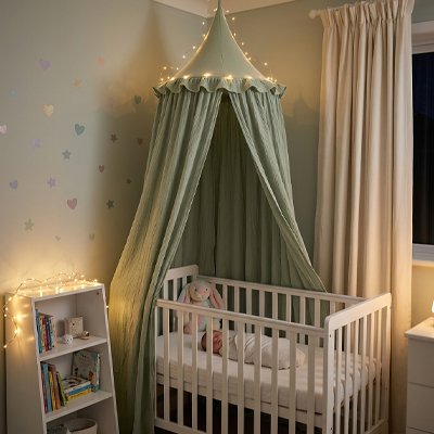 Bébé endormi dans son berceau blanc recouvert sur la largeur et décoré par le ciel de lit féerique vert