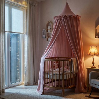 Bébé endormi dans son berceau décoré et recouvert au trois quarts par un ciel de lit atmosphère féerique rose