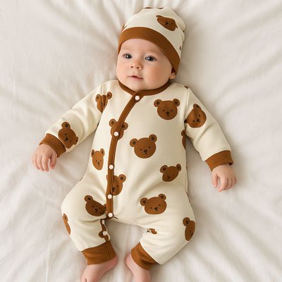 Bébé endormi dans berceau portant Pyjama bébé garçon en maille côtelée avec motifs petits oursons