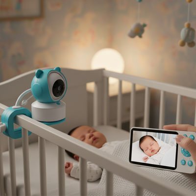 Bébé endormi dans son lit sous surveillance caméra bébé vision complète tenu par main adulte