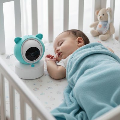 Bébé endormi dans son lit sous surveillance caméra bébé vision complète
