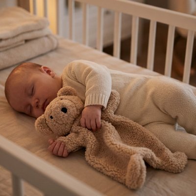 Bébé endormi sur lit dans chambre à éclairage légèrement tamisé avec doudou nuit sereine dans bras