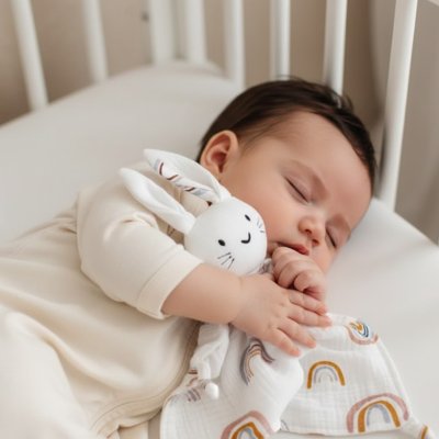 Bébé endormi sur son lit avec Doudou Lapin Ultra-doux Nuit Sereine arc-en-ciel dans ses bras