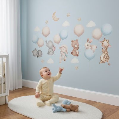 Bébé garçon assis sur le tapis souriant et pointant doigt mur décoré avec stickers muraux design mobile