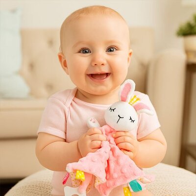 Bébé heureux tenant dans bras doudou bébé confort doux lapin joyeux