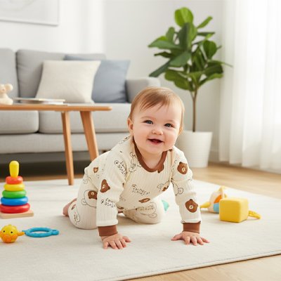 Bébé heureux vêtu Pyjama bébé Doux Rêves entouré de jouets