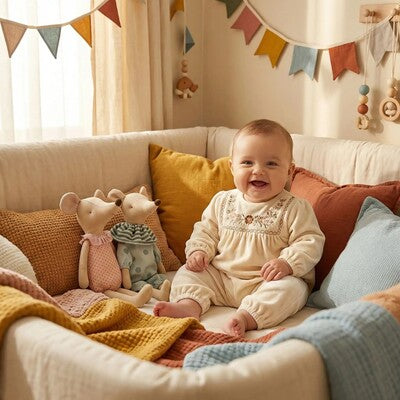 Bébé joyeux dans son lit entouré ses doudou apaisant en coton ultra-doux rose et vert