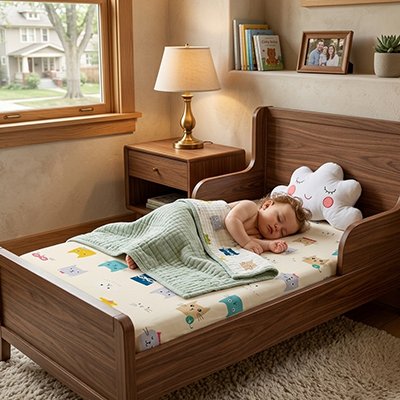 Bébé mi-couvert par une couverture verte sereinement endormi dans son berceau sur un matelas recouvert avec le drap housse lit bébé douceur et confort