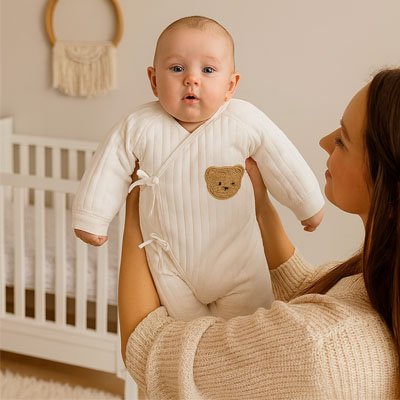 Bébé portant Pyjama bébé Biodou crème en tissu côtelé avec petit écusson tête ours sur poitrine, ténu par adulte devant berceau blanc