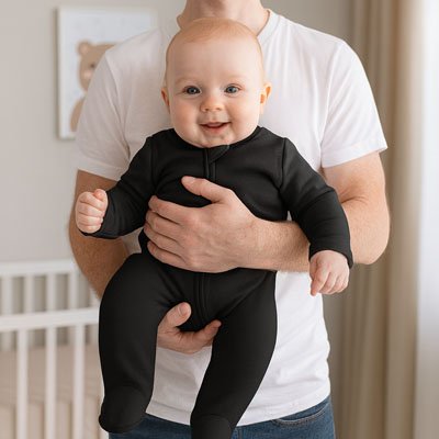 Bébé portant Pyjama bébé Doux Bio Confort noir ténu par adulte devant berceau blanc et décoration murale représentant ours