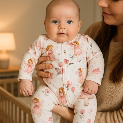 Bébé portant Pyjama bébé ultra-doux Coton Bio blanc à motifs fées roses et fleurs tenu par personne portant pull beige texturé