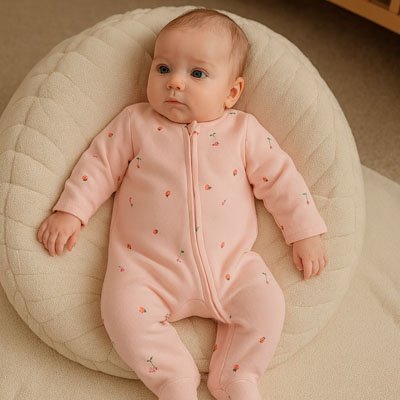 Bébé portant Pyjama bébé ultra-doux Coton Bio rose pâle motifs cerises allongé sur grand coussin rond beige et capitonné