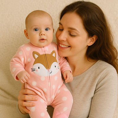 Bébé porté dans bras sa mère vêtu Pyjama bébé fille Douceur Bio rose-à pois avec motif renard doux et confortable pour hiver