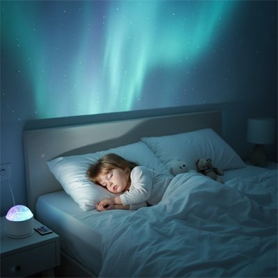 Bébé profondément endormi dans l'ambiance de rêves créée par veilleuse projection étoiles apaisantes