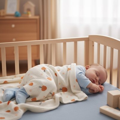 Bébé profondément endormi dans berceau et recouvert avec couverture bébé ultra-douce motifs champignon