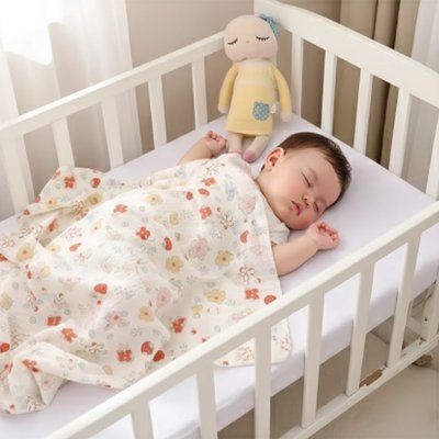 Bébé profondément endormi dans berceau et recouvert avec couverture bébé ultra-douce aux motifs fraise