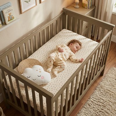 Bébé profondément endormi dans son berceau sur un matelas recouvert avec drap housse lit bébé confort sécurisé motifs bourgeon