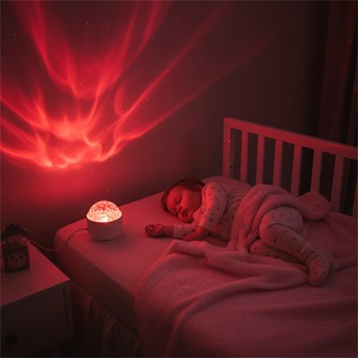 Bébé profondément endormi sous univers magique créé par veilleuse projection étoiles apaisantes