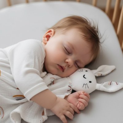 Bébé profondément endormi sur son lit et enlaçant son Doudou Lapin Ultra-doux Nuit Sereine arc-en-ciel