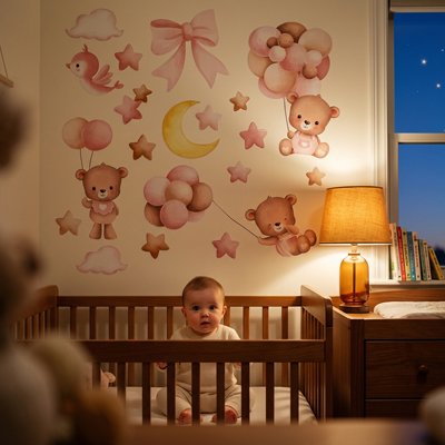 Bébé serein assis dans le berceau dans univers magique créé par stickers muraux chambre déco tendance et lampe de chevet