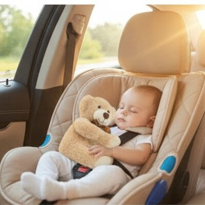 Bébé sereinement endormi dans bras compagnon ours en peluche Ultra Doux lors voyage familial en voiture