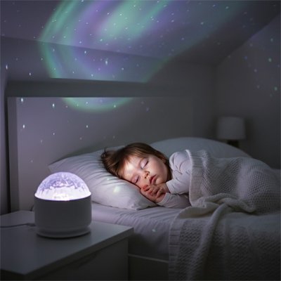 Bébé sereinement endormi sous lueur douce projetée par veilleuse projection étoiles apaisantes