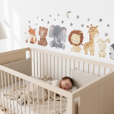 Bébé sereinement endormi sur lit dans la chambre décorée avec stickers muraux safari
