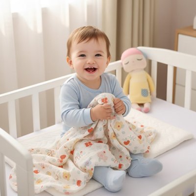 Bébé souriant assis dans berceau tenant dans bras la couverture bébé ultra-douce aux motifs fraise
