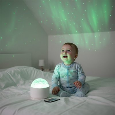 Bébé souriant assis sur grand lit et admirant univers féérique créé par veilleuse projection étoiles apaisantes