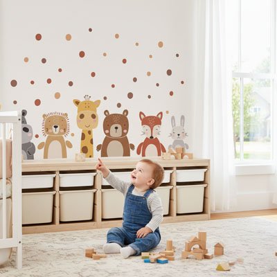 Bébé souriant assis sur le tapis avec jouets et pointant mur orné avec stickers muraux enfant animaux savane