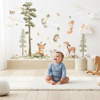 Bébé souriant assis sur le tapis devant mur décoré avec stickers muraux enfant foret apaisante