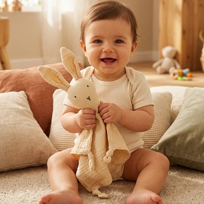 Bébé souriant assis sur tapis avec doudou lapin compagnon apaisant beige dans bras