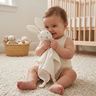 Bébé souriant assis sur tapis avec doudou lapin compagnon apaisant blanc dans les bras
