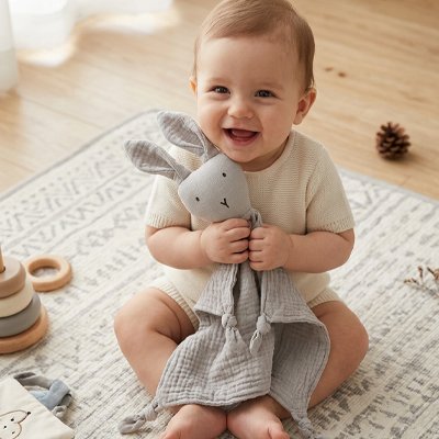 Bébé souriant assis sur tapis avec doudou lapin compagnon apaisant gris dans les bras