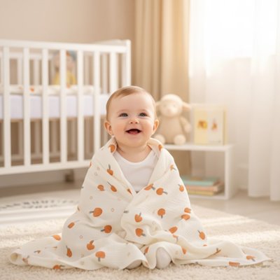 Bébé souriant assis sur tapis et recouvert de la couverture bébé ultra-douce aux motifs champignon