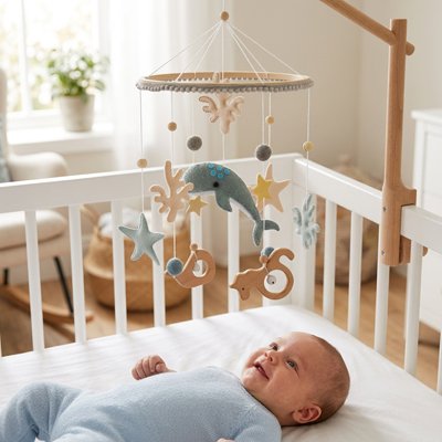 Bébé souriant vêtu de bleu couché sur le dos dans son lit et admirant mobile bébé apaisant baleine grise suspendu sur lit