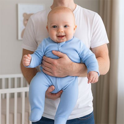 Bébé souriant vêtu Pyjama bébé Doux Bio Confort bleu clair ténu par adulte en t-shirt blanc avec berceau blanc visible en arrière plan