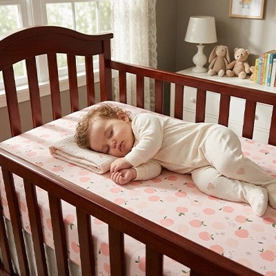 Bébé vêtu de beige couché de profil sur le matelas recouvert du drap housse lit bébé tout doux dans son berceau