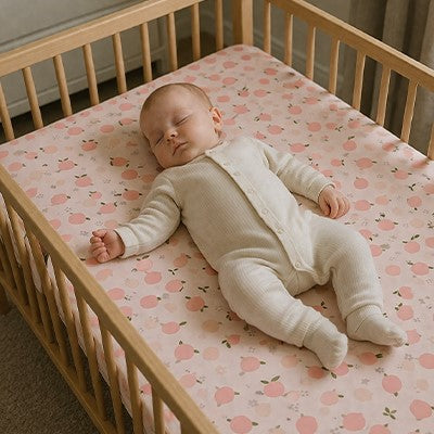 Bébé vêtu beige couché sur le dos sur un matelas recouvert du drap housse lit bébé tout doux dans son berceau