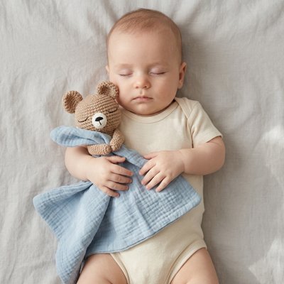 Bébé vêtu de beige profondément endormi avec doudou bébé tendresse réconfortante dans bras