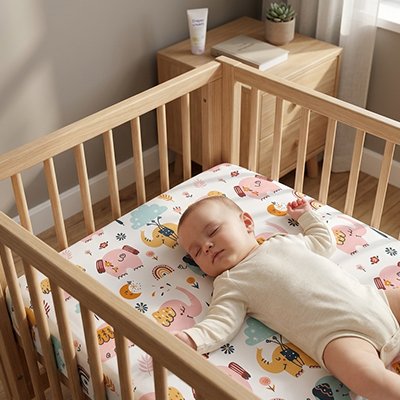 Bébé vêtu de beige profondément endormi dans son berceau sur un matelas recouvert drap housse lit bébé ultra-doux