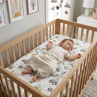 Bébé vêtu de beige profondément endormi dans son berceau sur un matelas recouvert par le drap housse lit bébé douceur sécurisée