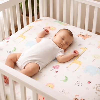 Bébé vêtu de beige sereinement endormi dans son berceau sur un matelas recouvert du drap housse lit bébé douceur premium