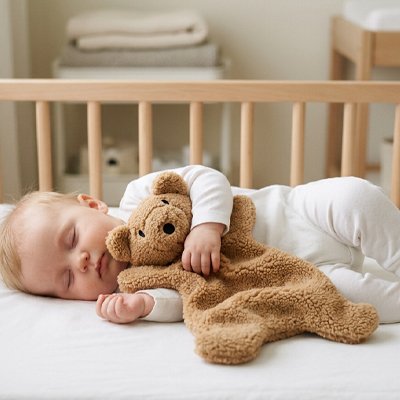 Bébé vêtu blanc endormi sur lit avec doudou nuit sereine dans bras