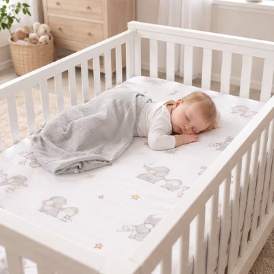 Bébé vêtu blanc, mi-couvert, sereinement endormi dans son berceau sur un matelas recouvert avec le drap housse lit bébé douceur et confort