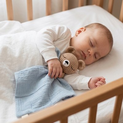 Bébé vêtu de blanc profondément endormi avec doudou bébé tendresse réconfortante dans bras