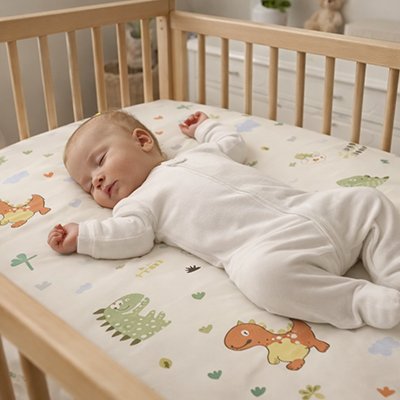 Bébé vêtu de blanc profondément endormi dans son berceau sur un matelas recouvert par le drap housse lit bébé douceur sécurisée